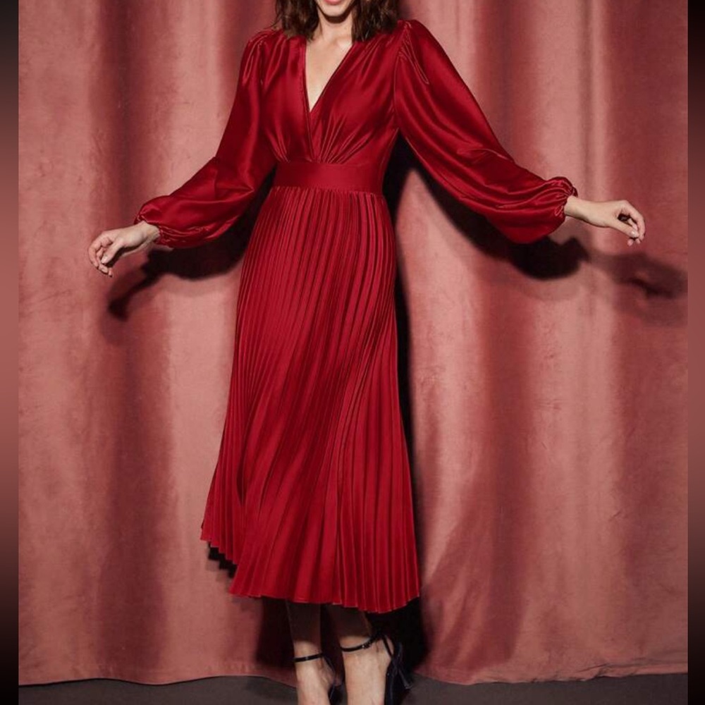 Luxe red lantern sleeve pleated thigh party evening formal dress - Picture 6 of 9